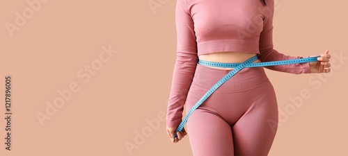 Tableau sur toile Young sporty woman measuring her waist on beige background with space for text