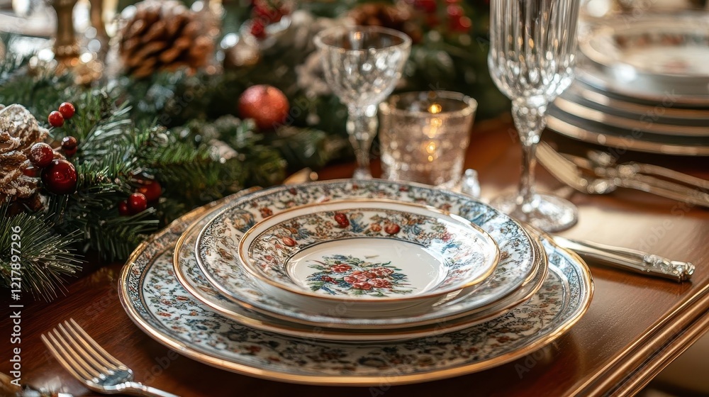 Fototapeta premium Festive holiday table setup, close-up of elegant place settings