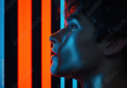 Profile of young man in dramatic neon lighting against bold red and blue striped background highlighting futuristic mood and technology themes photo