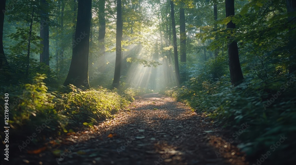 Fototapeta premium Forest trail with trees, close-up of sunlight filtering through trees, lush greenery