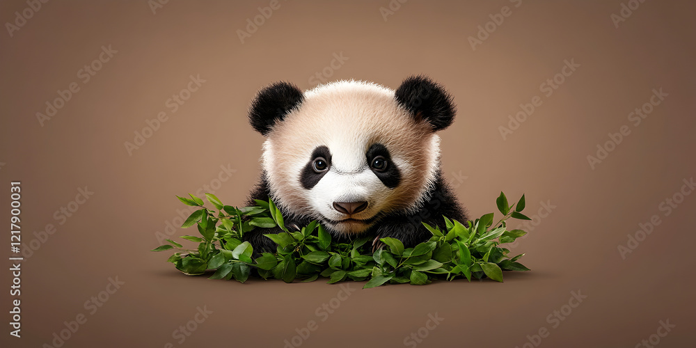 Fototapeta premium A baby panda hiding behind a small bush, peeking out shyly.