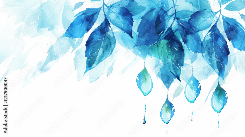 Obraz premium serene watercolor illustration of blue leaves with droplets, evoking tranquility and nature beauty. Perfect for calming designs
