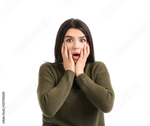 Scared young woman on white...
