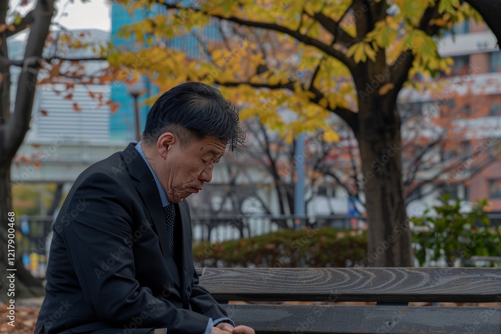 Stressed businessman in a suit on a park bench in a city, feeling work pressure in the financial district Stressed businessman in a suit on a park bench in a city, feeling work pressure in the financial district