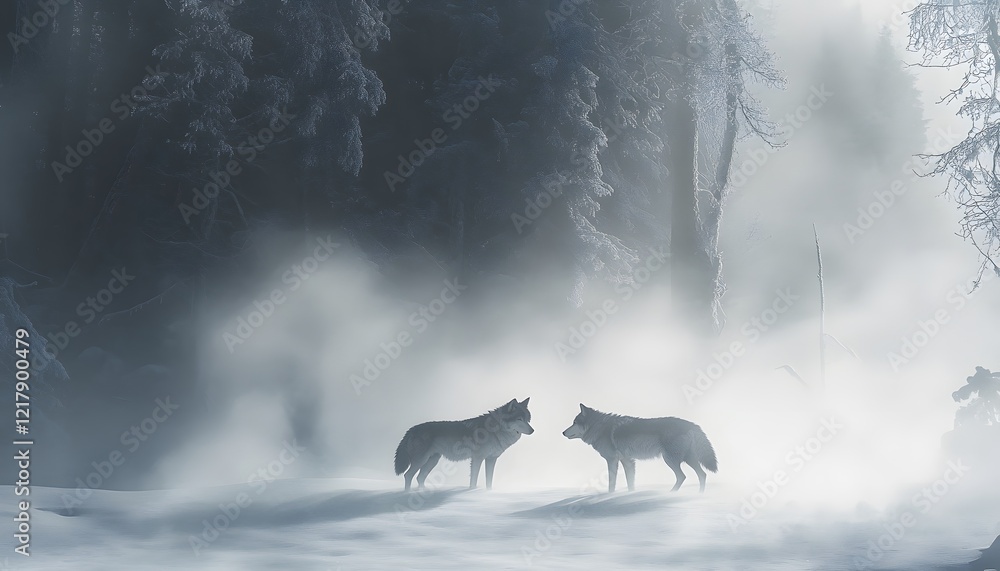 Fototapeta premium Two Wolves Encounter in a Misty Winter Forest