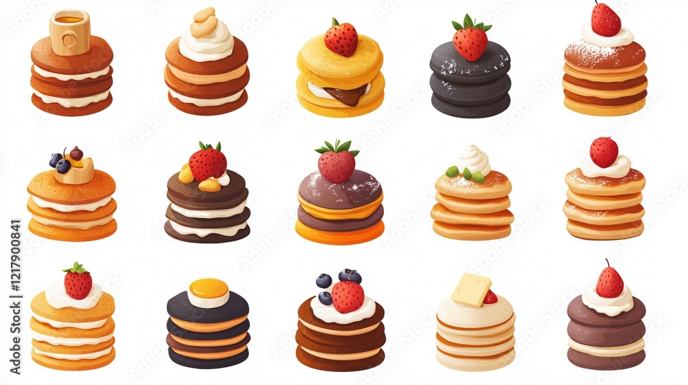 Delicious Pancake Stacks with Various Toppings, Syrup, Butter, and Strawberries Delicious Pancake Stacks with Various Toppings, Syrup, Butter, and Strawberries