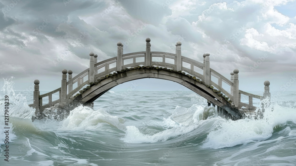 stone bridge arches over turbulent ocean waves under cloudy sky, creating dramatic and serene landscape. scene evokes sense of mystery and beauty stone bridge arches over turbulent ocean waves under cloudy sky, creating dramatic and serene landscape. scene evokes sense of mystery and beauty