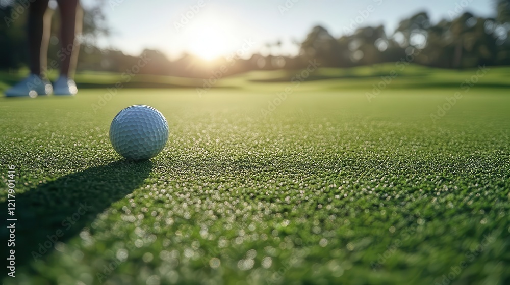 Golf swing on green, close-up of hands gripping the golf club, scenic course in background Golf swing on green, close-up of hands gripping the golf club, scenic course in background