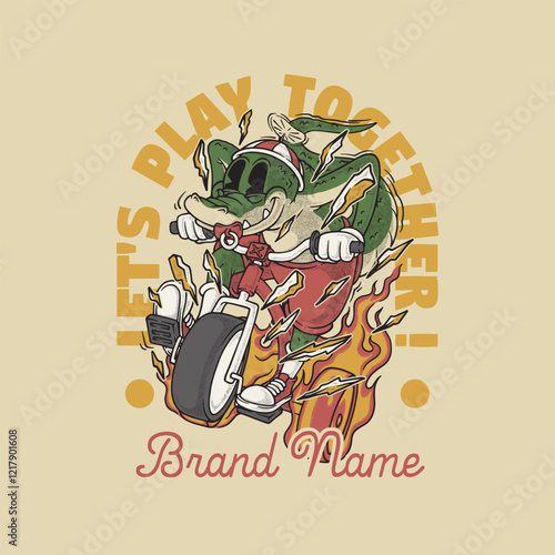 crocodile riding burning tricycle retro cartoon mascot