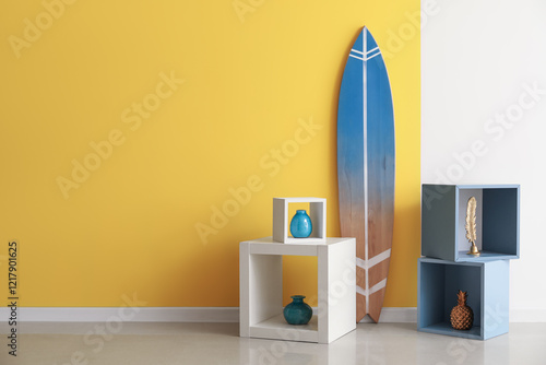 Surfboard with shelves near...