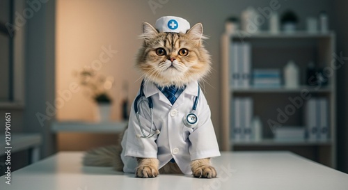 A tabby cat dressed as a doctor wearing a coat, stethoscope, and nurse cap, representing animal health care, veterinary professionals and pet humor.

