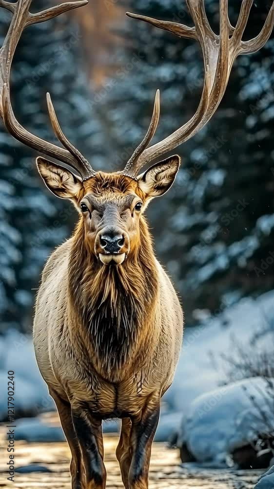 Majestic elk stands gracefully in a snowy forest setting during winter, showcasing its impressive antlers and serene expression Majestic elk stands gracefully in a snowy forest setting during winter, showcasing its impressive antlers and serene expression