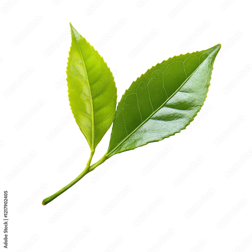 Fototapeta premium Fresh green tea leaves isolated on a transparent background showcasing their vibrant color and natural texture, greentea leaf isolated on transparent background