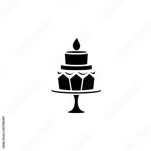 A delectable tiered cake, adorned with a single candle, sits elegantly on a cake stand, perfect for birthdays, weddings, or any special celebration.