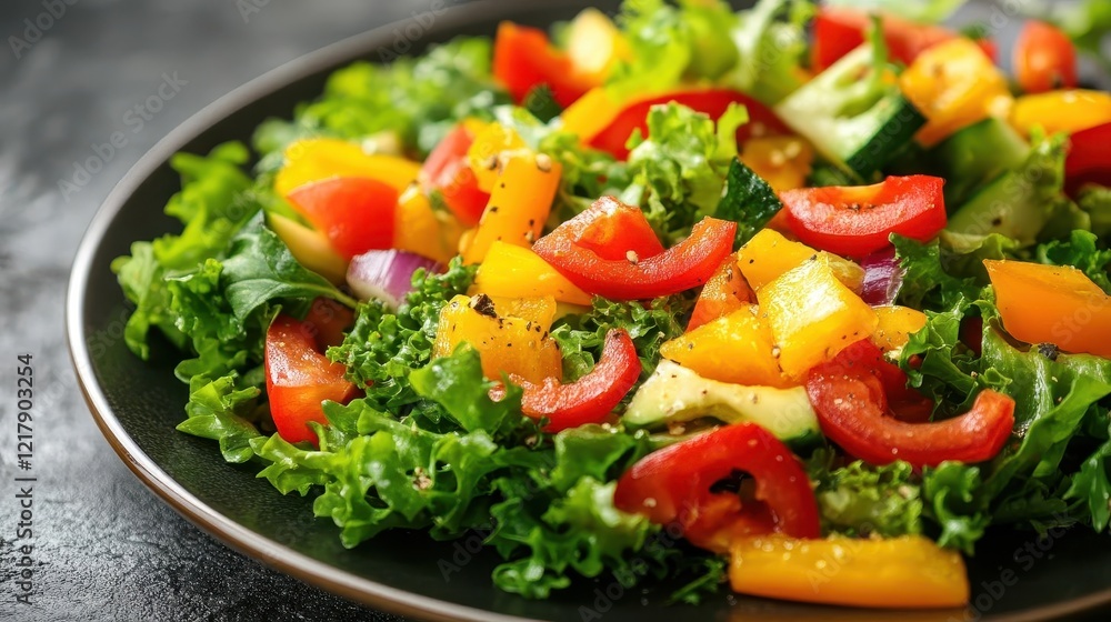 Healthy salad with vegetables, close-up of vibrant greens and colorful veggies on a plate Healthy salad with vegetables, close-up of vibrant greens and colorful veggies on a plate