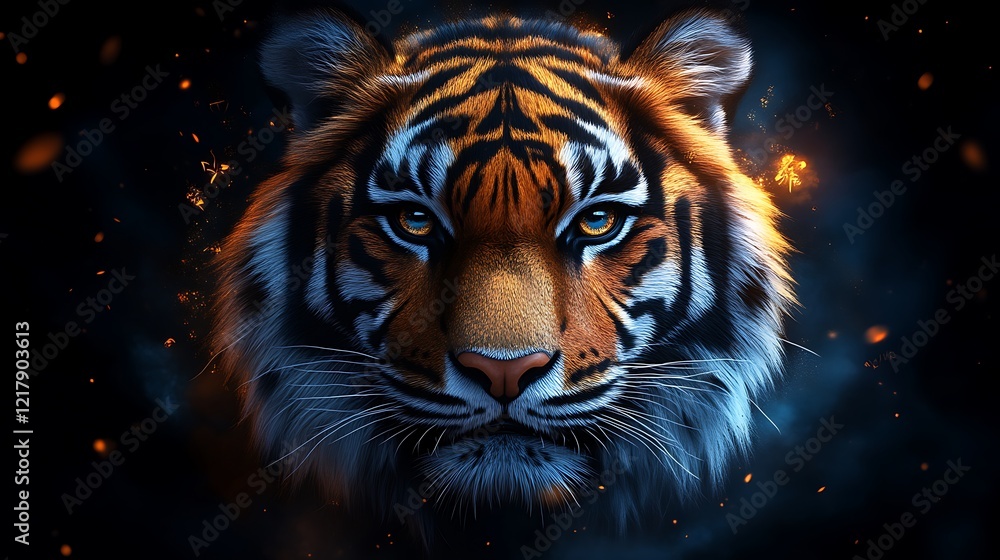 Naklejka premium Majestic Tiger Portrait Embers Dark Background