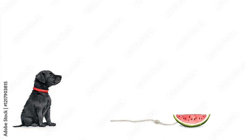 A curious black puppy gazing at a slice of watermelon on a string in a minimalist setting A curious black puppy gazing at a slice of watermelon on a string in a minimalist setting