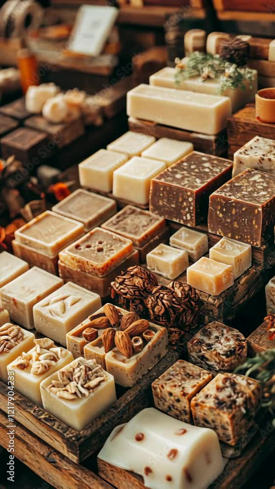 Handcrafted natural soaps displayed at a local market during sunset showcasing unique designs and textures Handcrafted natural soaps displayed at a local market during sunset showcasing unique designs and textures