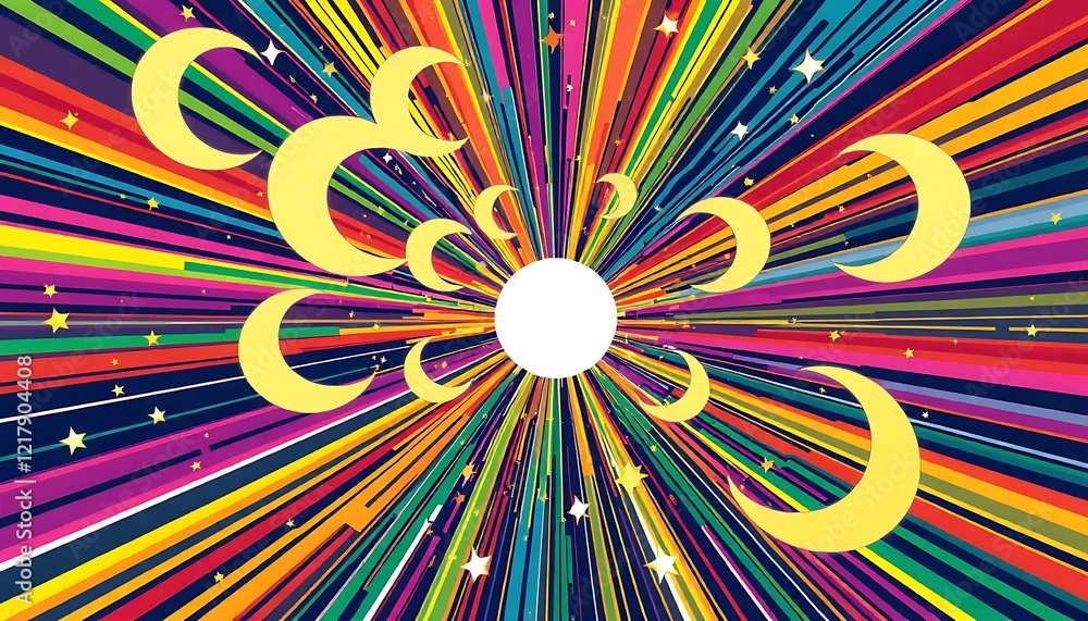 Fototapeta premium Rainbow Burst Celestial Moonscape Featuring Crescent Moons and Stars