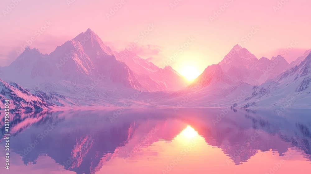 Obraz premium Breathtaking sunset over the majestic snow capped peaks of a remote alpine mountain landscape with the serene frozen lake below perfectly reflecting the dramatic glowing sky An awe inspiring