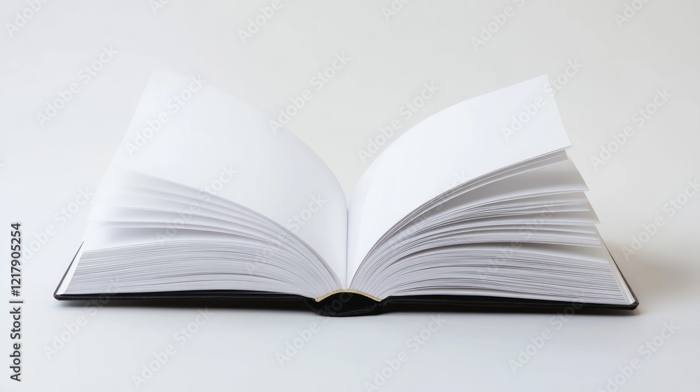 An open book with blank pages resting on a white surface ready to be filled with stories An open book with blank pages resting on a white surface ready to be filled with stories