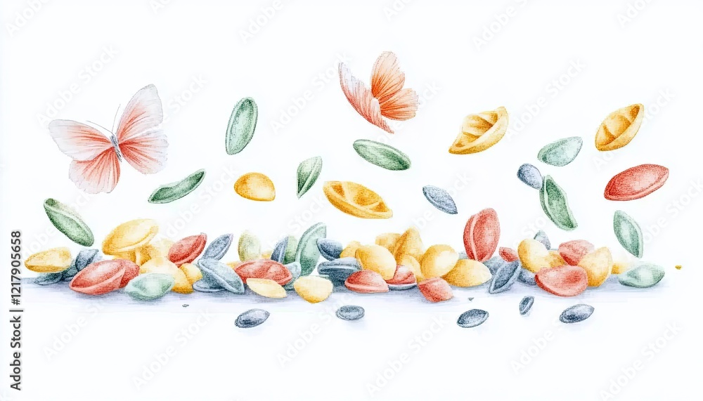 Naklejka premium Colorful assortment of flying seeds and butterflies against a white background, evoking nature's beauty