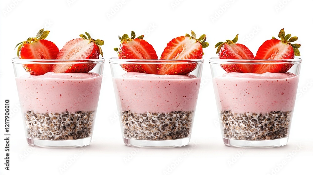 Three cups of food, topped with strawberries and chia seeds, are each half-filled with chia seeds, half-filled with strawberries, and partially covered by chia seeds Three cups of food, topped with strawberries and chia seeds, are each half-filled with chia seeds, half-filled with strawberries, and partially covered by chia seeds