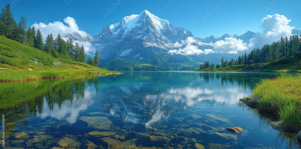 A serene mountain landscape featuring a clear blue lake reflecting snow-capped peaks and lush greenery under a bright sky with fluffy clouds. A serene mountain landscape featuring a clear blue lake reflecting snow-capped peaks and lush greenery under a bright sky with fluffy clouds.