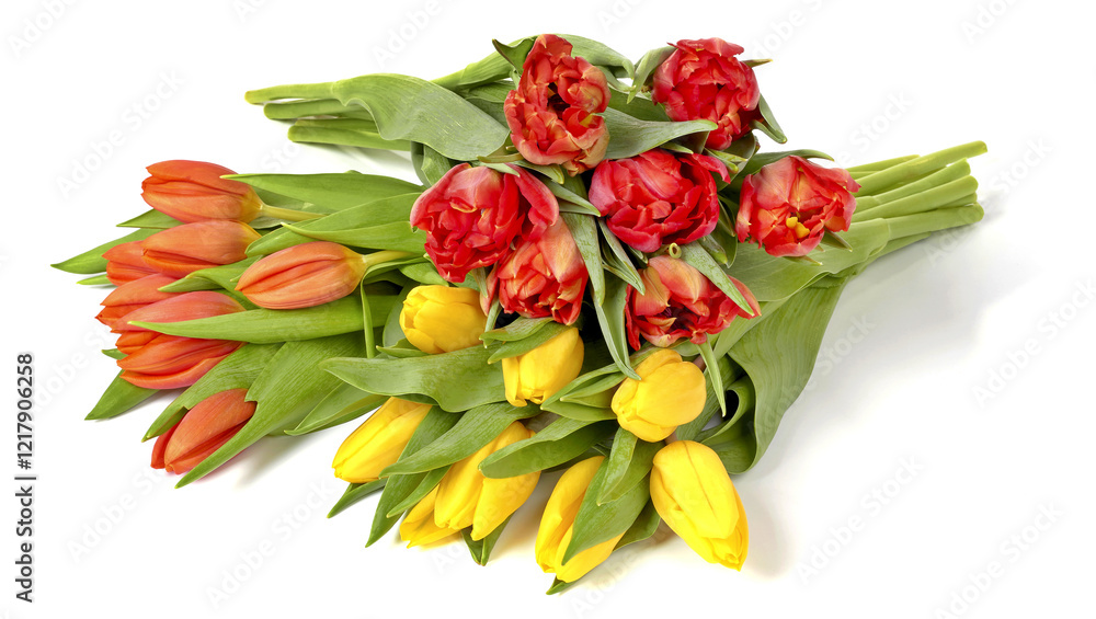 Naklejka premium Bukiety tulipanów w różnych kolorach z liśćmi