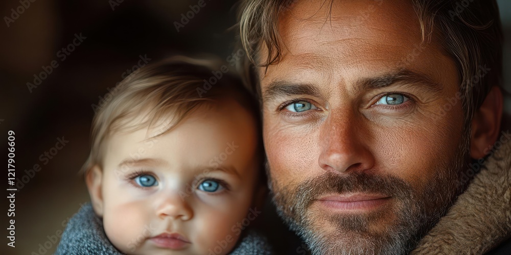 A close-up portrait of a man and a baby, both with striking blue eyes, showcasing a warm, intimate moment. The man has a beard and is wrapped in a cozy blanket. A close-up portrait of a man and a baby, both with striking blue eyes, showcasing a warm, intimate moment. The man has a beard and is wrapped in a cozy blanket.