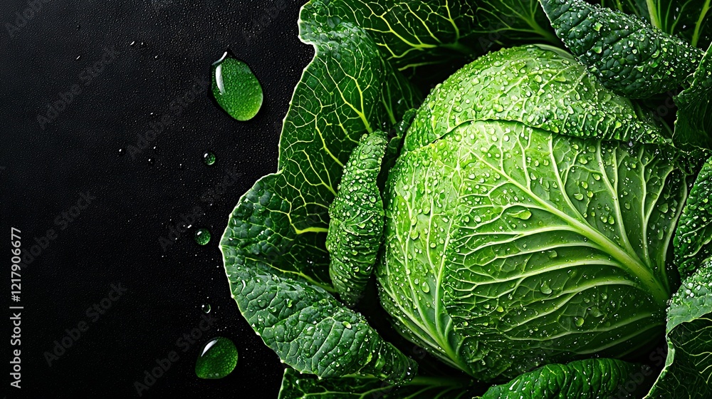 Fototapeta premium Close-up of lettuce head with water droplets on leaves and ground