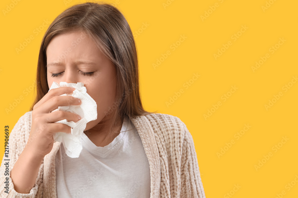 Ill little girl with tissue on yellow background, closeup