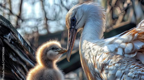 Hyperrealistic Capture of a Storck Nurturing Its Young in a Serene Natural Setting photo