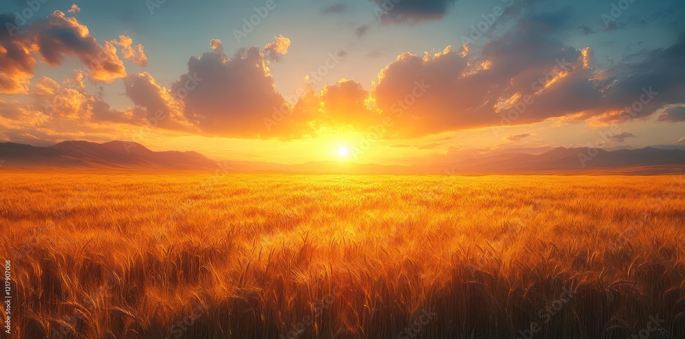 A breathtaking sunset over a golden wheat field, casting warm light across the landscape, creating a serene and tranquil atmosphere. A breathtaking sunset over a golden wheat field, casting warm light across the landscape, creating a serene and tranquil atmosphere.