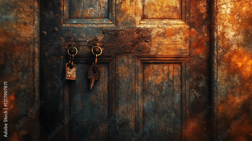 Fototapeta premium Rustic old door mysteriously glows with warm light keys hanging invitingly. AI Generated