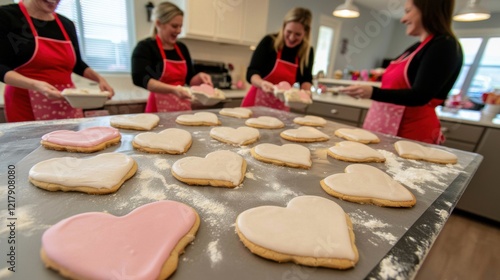 Women gathered around a kitchen island, baking heart-shaped cookies for Galentine's Day, flour dusted across the surface, laughter and playfulness as they share tasks, vibrant red and pink aprons and