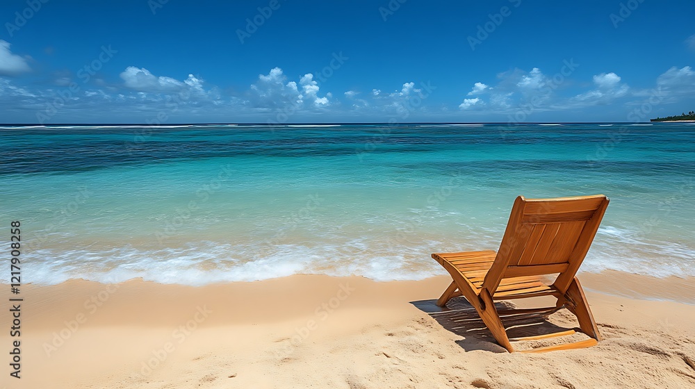 Wooden Chair on Tropical Beach Facing Ocean Wooden Chair on Tropical Beach Facing Ocean
