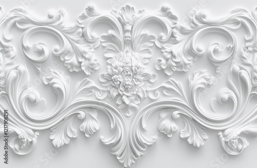 A luxurious white decorative relief featuring intricate floral motifs and elegant scrolls. Perfect for classic interiors, architectural projects, or high-end decorative design inspirations.

 photo