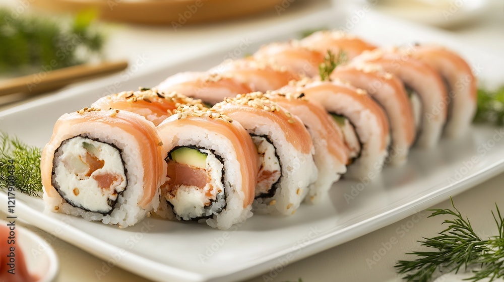 Sushi roll sliced and neatly displayed on a white plate with garnishes visible Sushi roll sliced and neatly displayed on a white plate with garnishes visible