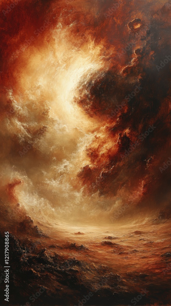 Dramatic Surreal Landscape Painting with Fiery Sky and Turbulent Clouds Over Mysterious Terrain - A Dive into Abstract Atmospheric Art and Emotional Expression Dramatic Surreal Landscape Painting with Fiery Sky and Turbulent Clouds Over Mysterious Terrain - A Dive into Abstract Atmospheric Art and Emotional Expression
