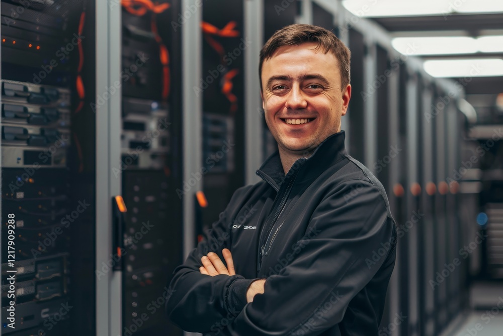 Fototapeta premium A Smiling Professional Posing in a Data Center, Surrounded by Multiple Server Racks and Advanced Technology Equipment