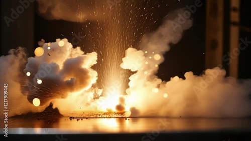 Intense chemical reaction producing smoke, sparks, and fire, potentially depicting a scientific experiment or industrial process in a laboratory setting