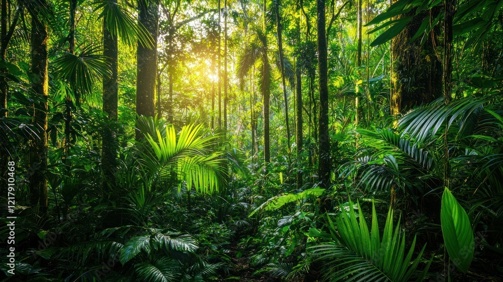 Fototapeta premium Lush rainforest at sunrise, sunlight filtering through dense canopy.