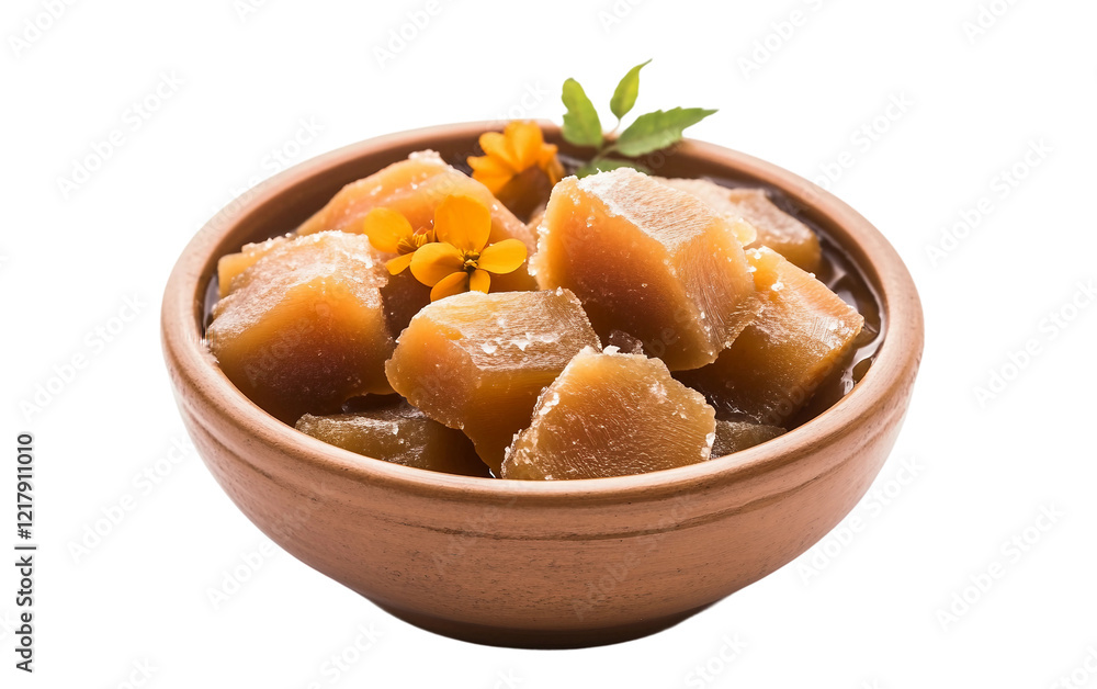 A Bowl of Jaggery with Tamarind and Neem Flowers Symbolizing Health and Purification isolated on transparent background. A Bowl of Jaggery with Tamarind and Neem Flowers Symbolizing Health and Purification isolated on transparent background.