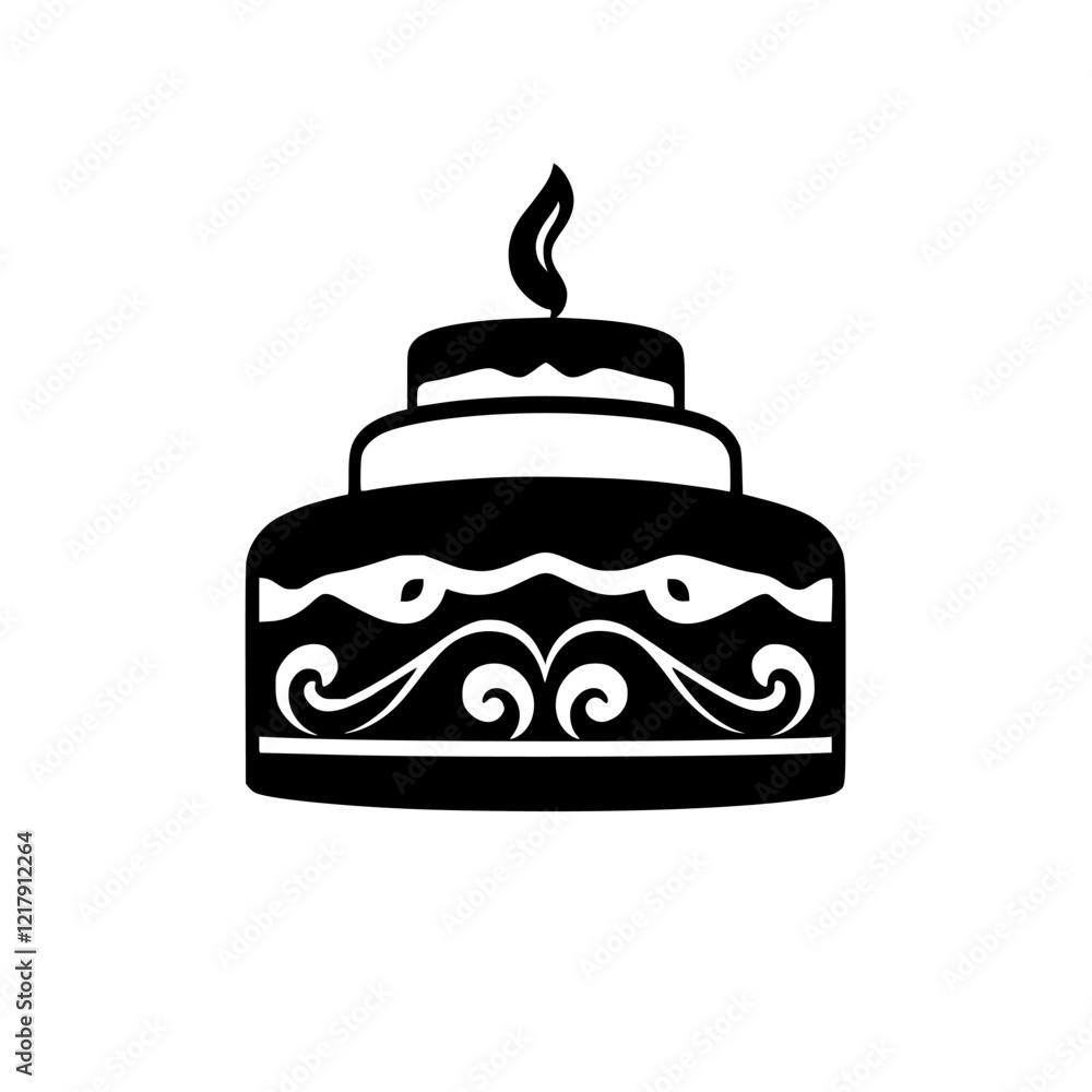 A delectable three-layered cake, adorned with an elegant design and topped with a single lit candle, perfect for birthdays or special occasions. A delectable three-layered cake, adorned with an elegant design and topped with a single lit candle, perfect for birthdays or special occasions.
