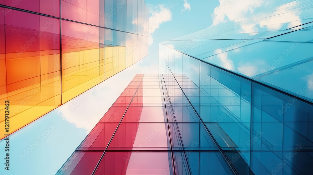 Obraz premium Modern glass skyscraper, close-up of sleek glass facade with vibrant reflections