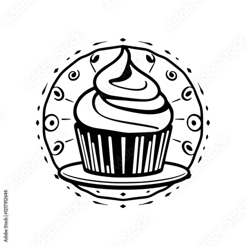 A delectable cupcake, exquisitely adorned with frosting swirls, sits on a plate within an artistic circular frame. This image is perfect for bakeries, cafes, and dessert-themed businesses.
