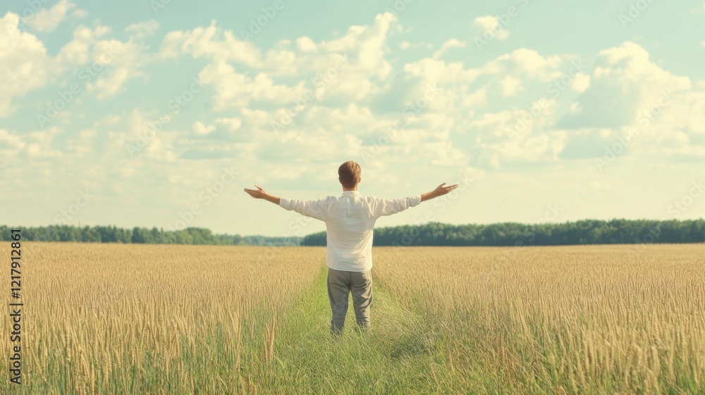 Man in wheat field, arms outstretched, enjoying nature. Man in wheat field, arms outstretched, enjoying nature.