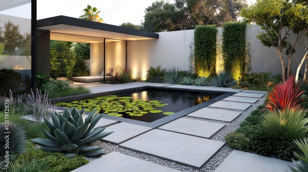 Obraz premium Modern minimalist backyard oasis with pool, plants, and patio.
