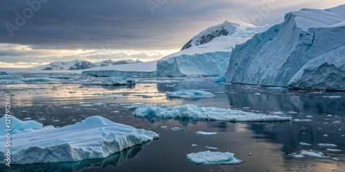 Wallpaper Mural Vast icy landscape at twilight showcases floating icebergs in serene Antarctic waters near mountainous terrain Torontodigital.ca
